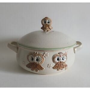 Lorrie Designs 1970s vintage Japanese owl stoneware casserole dish